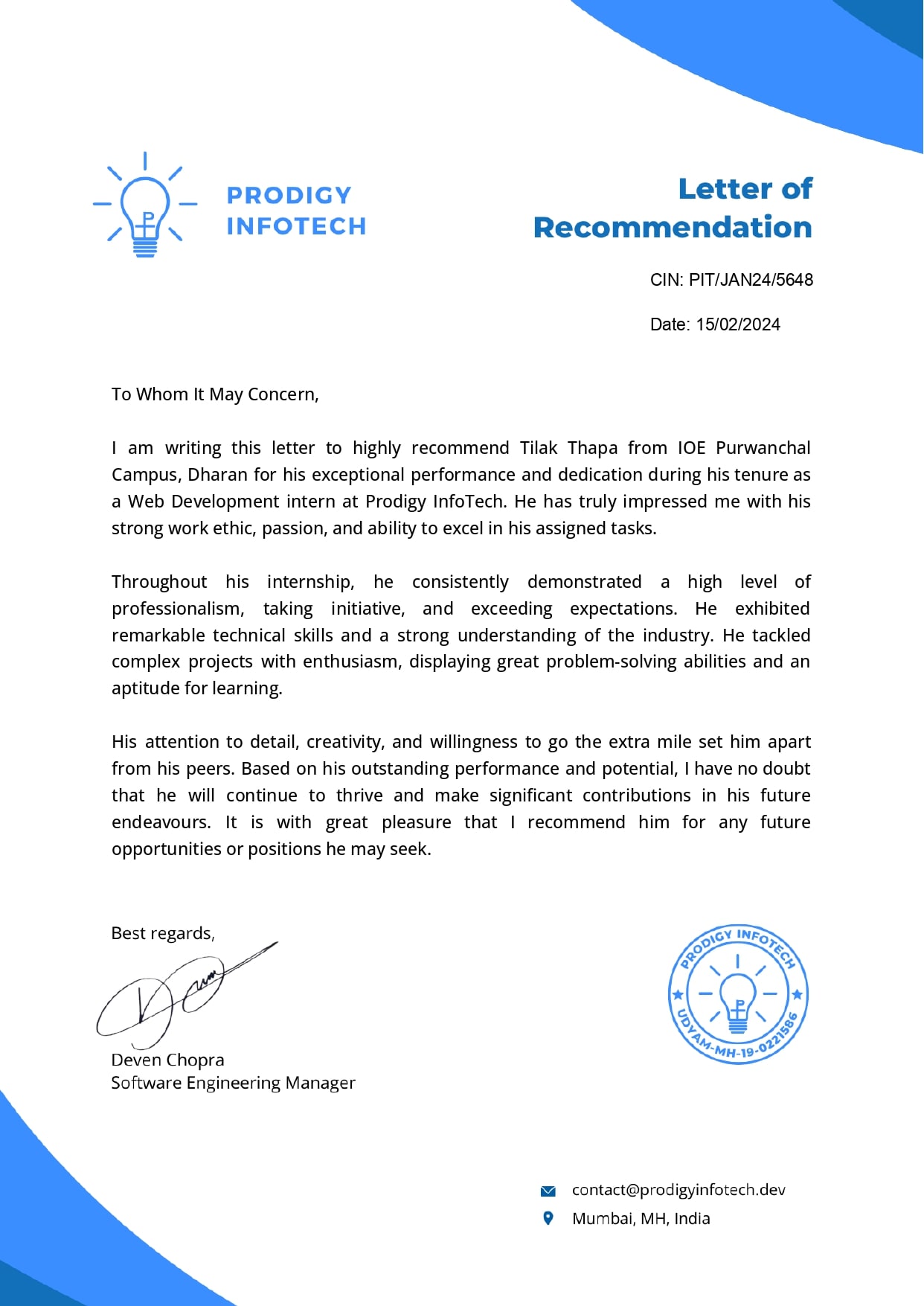 Letter of Recommendation from Prodigy InfoTech